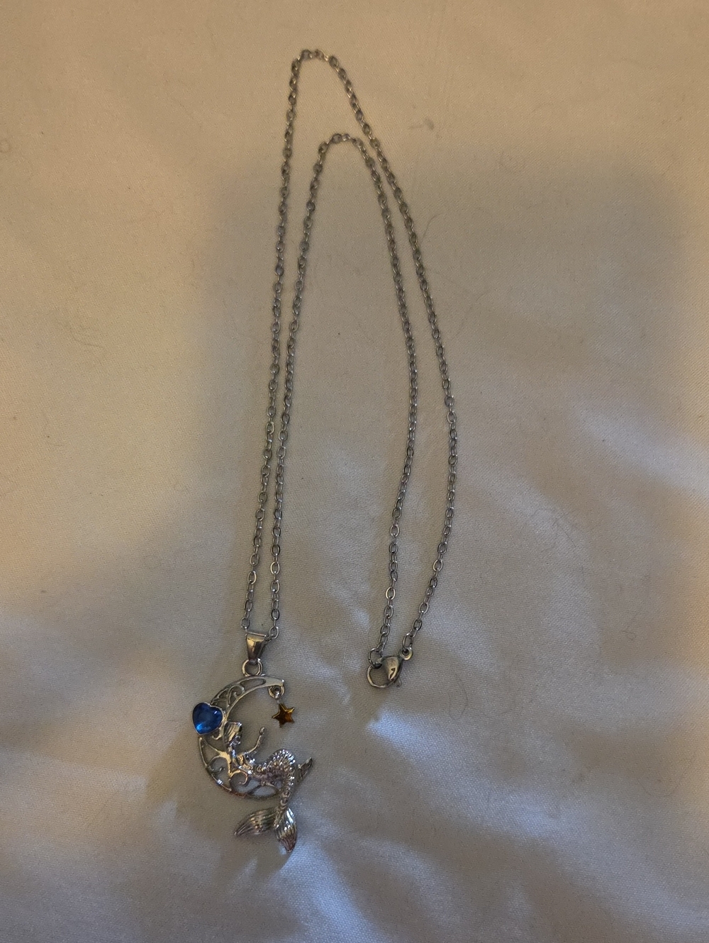 Silver Moon Mermaid Pendant Necklace with Blue Accent
